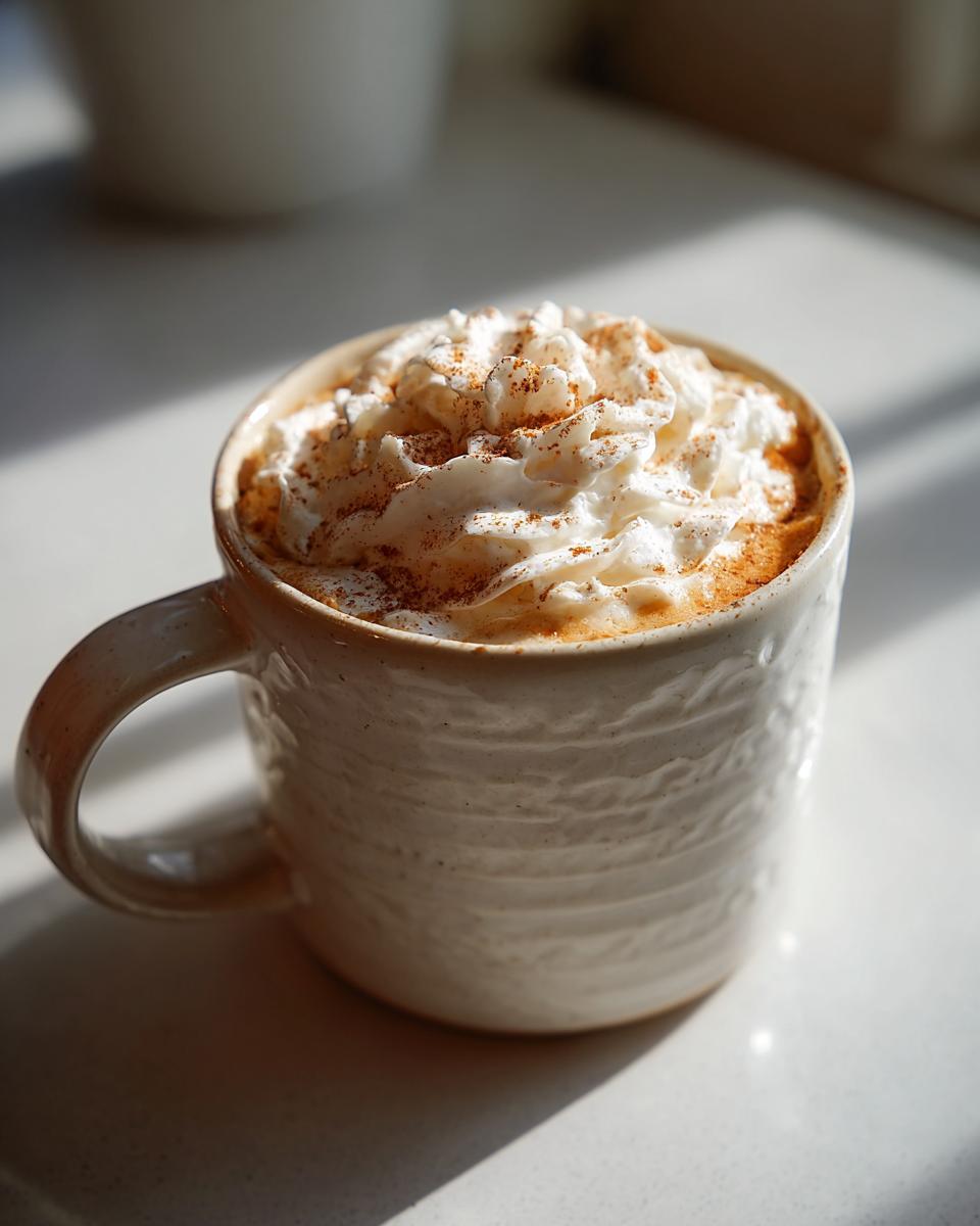 Close-up of a creamy Pumpkin Spice Latte topped with whipped cream and cinnamon in a textured mug.