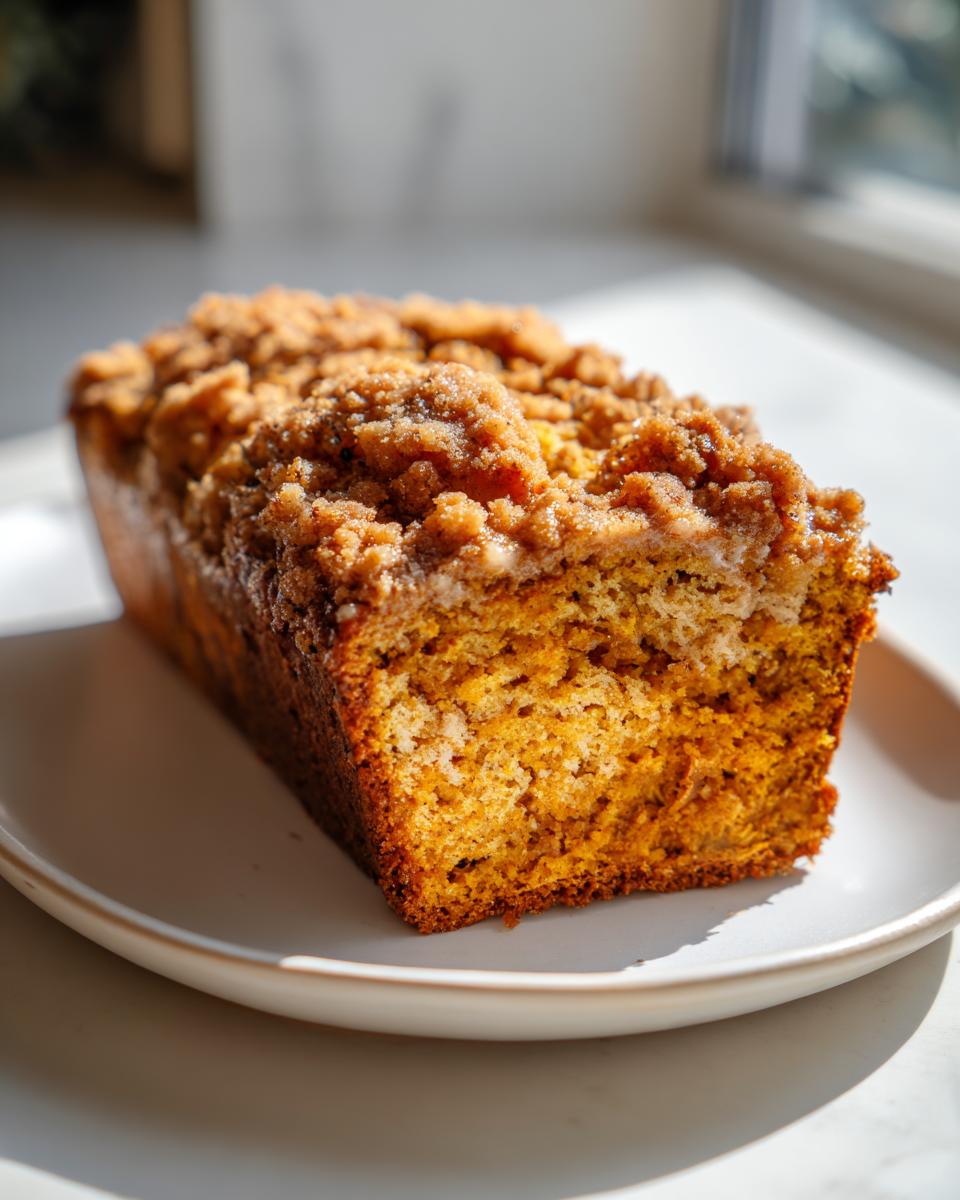 A close-up of a freshly baked Pumpkin Streusel Bread loaf on a white plate, with a crumbly streusel topping.