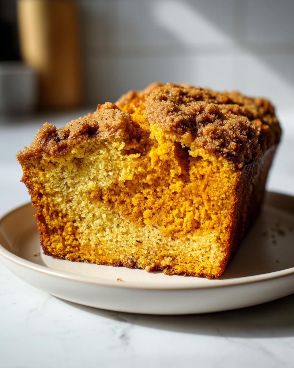 A close-up of a slice of moist Pumpkin Streusel Bread on a plate, showcasing its crumb and streusel topping.