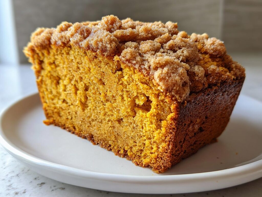 A close-up of a moist slice of Pumpkin Streusel Bread on a white plate, showcasing its crumb and streusel topping.