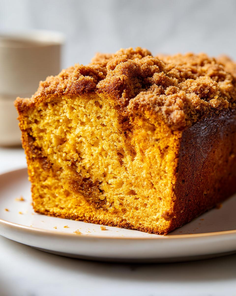 A close-up of a slice of moist Pumpkin Streusel Bread with a crumbly cinnamon topping.
