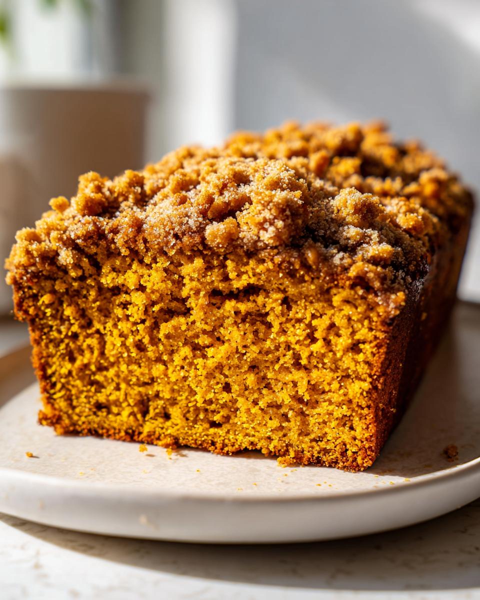 Close-up of a slice of moist Pumpkin Streusel Bread with a crumbly streusel topping.