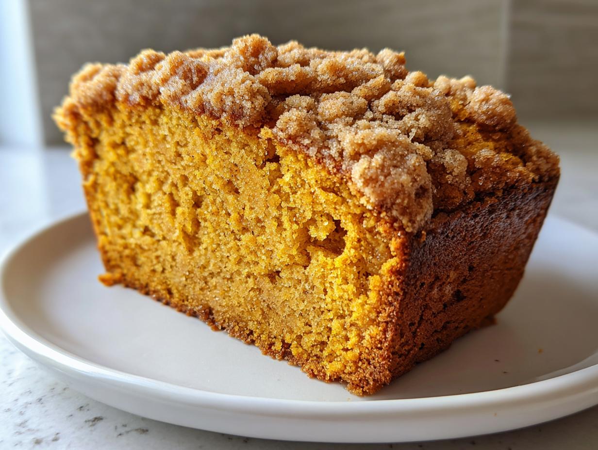 A close-up of a moist slice of Pumpkin Streusel Bread on a white plate, showcasing its crumb and streusel topping.