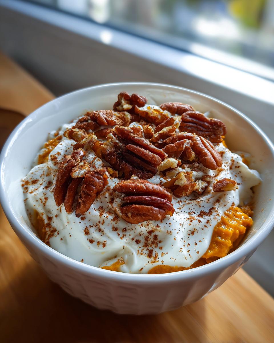 A delicious high protein fall snack: pumpkin puree topped with yogurt, pecans, and cinnamon.