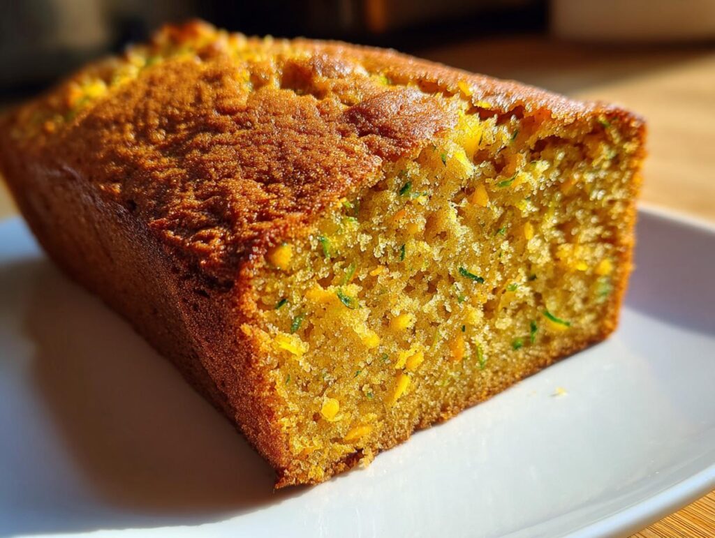 A close-up of a slice of moist Pumpkin Zucchini Bread on a white plate, showing the texture and flecks of pumpkin and zucchini.