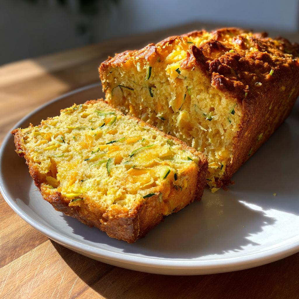 A close-up of a moist slice of Pumpkin Zucchini Bread, showing the texture and visible pumpkin and zucchini pieces.