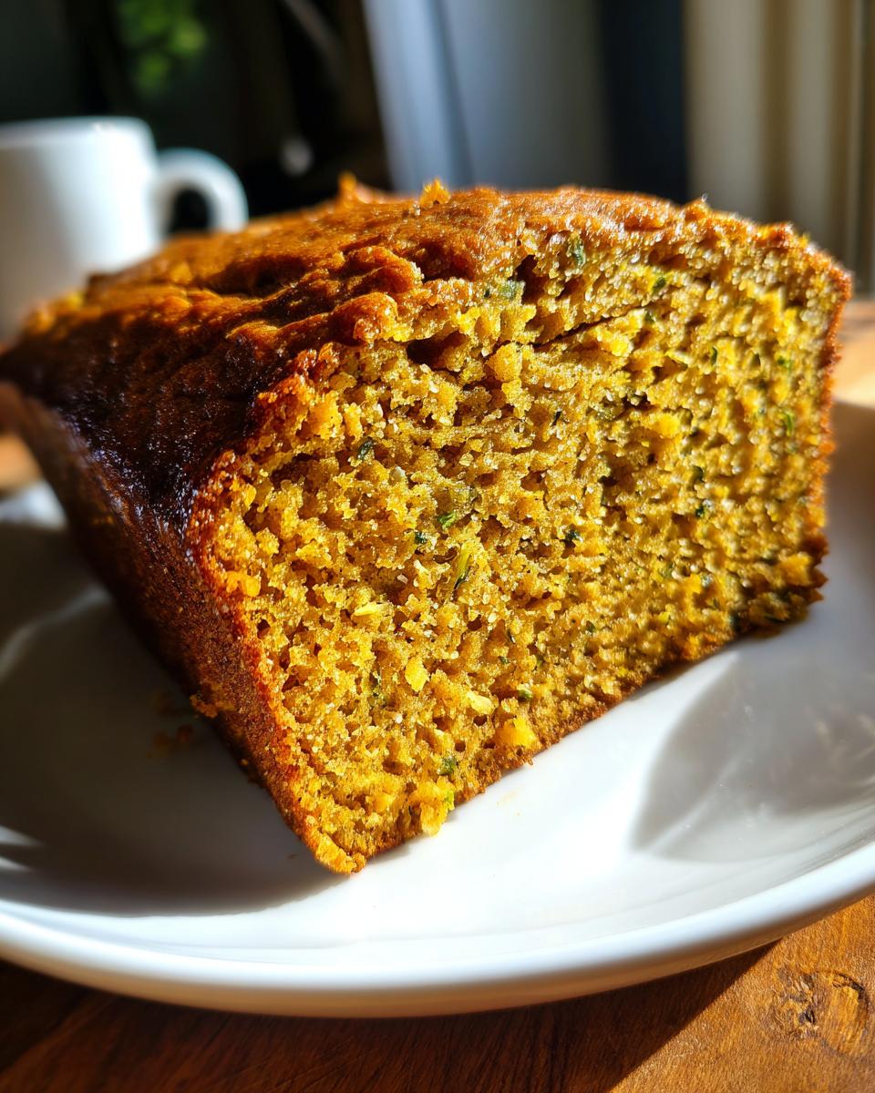 Close-up of a slice of moist Pumpkin Zucchini Bread on a white plate, showing its tender crumb and visible zucchini shreds.
