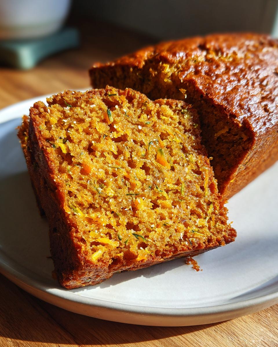 A close-up of a moist slice of pumpkin zucchini bread, showing the texture and flecks of pumpkin and zucchini.