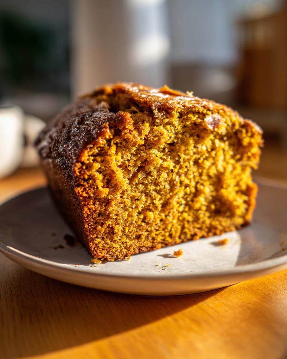 A close-up of a slice of moist pumpkin zucchini bread on a plate, showcasing its rich color and texture.