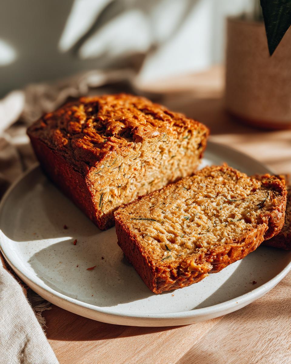 Close-up of moist Pumpkin Zucchini Bread, with slices on a plate showing texture and ingredients.