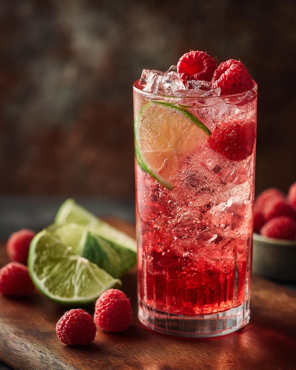 A tall glass of refreshing non alcoholic summer drinks with raspberries, lime, and ice.