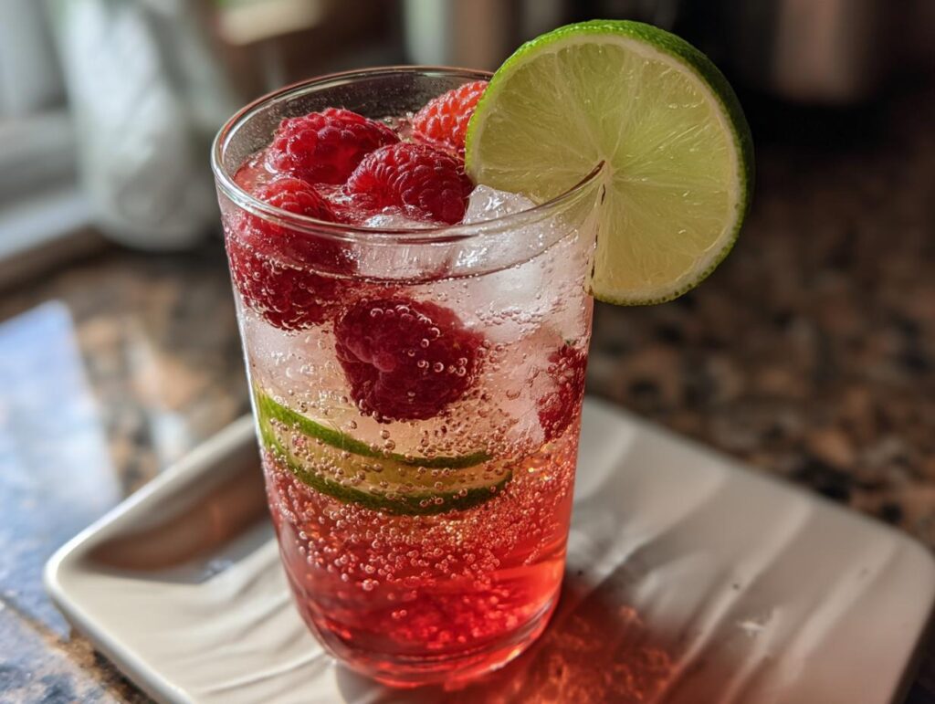 A glass of non alcoholic summer drinks with raspberries, lime slices, and ice, garnished with a lime wedge.
