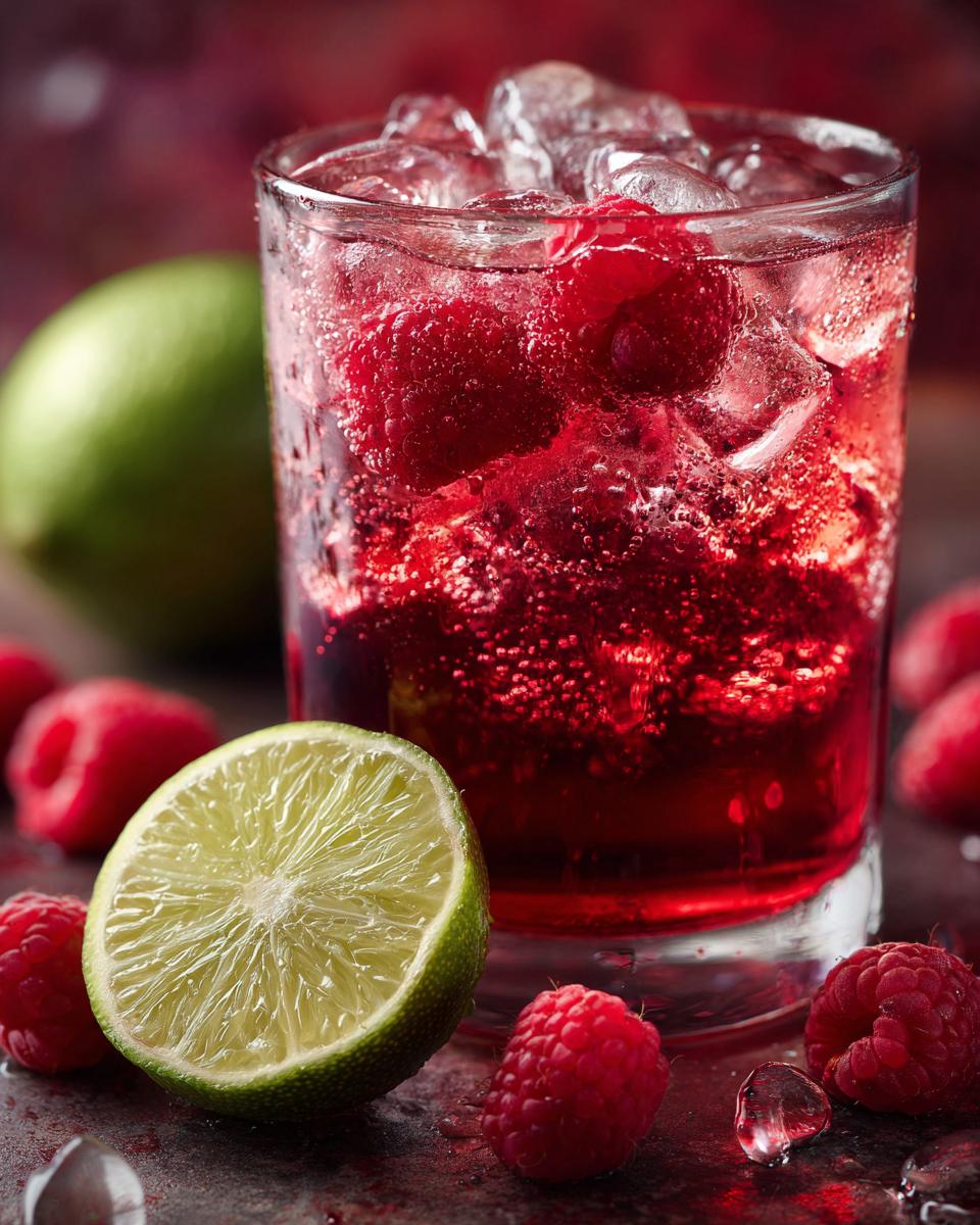 A glass of non alcoholic summer drinks with raspberries, ice, and lime, perfect for a refreshing beverage.