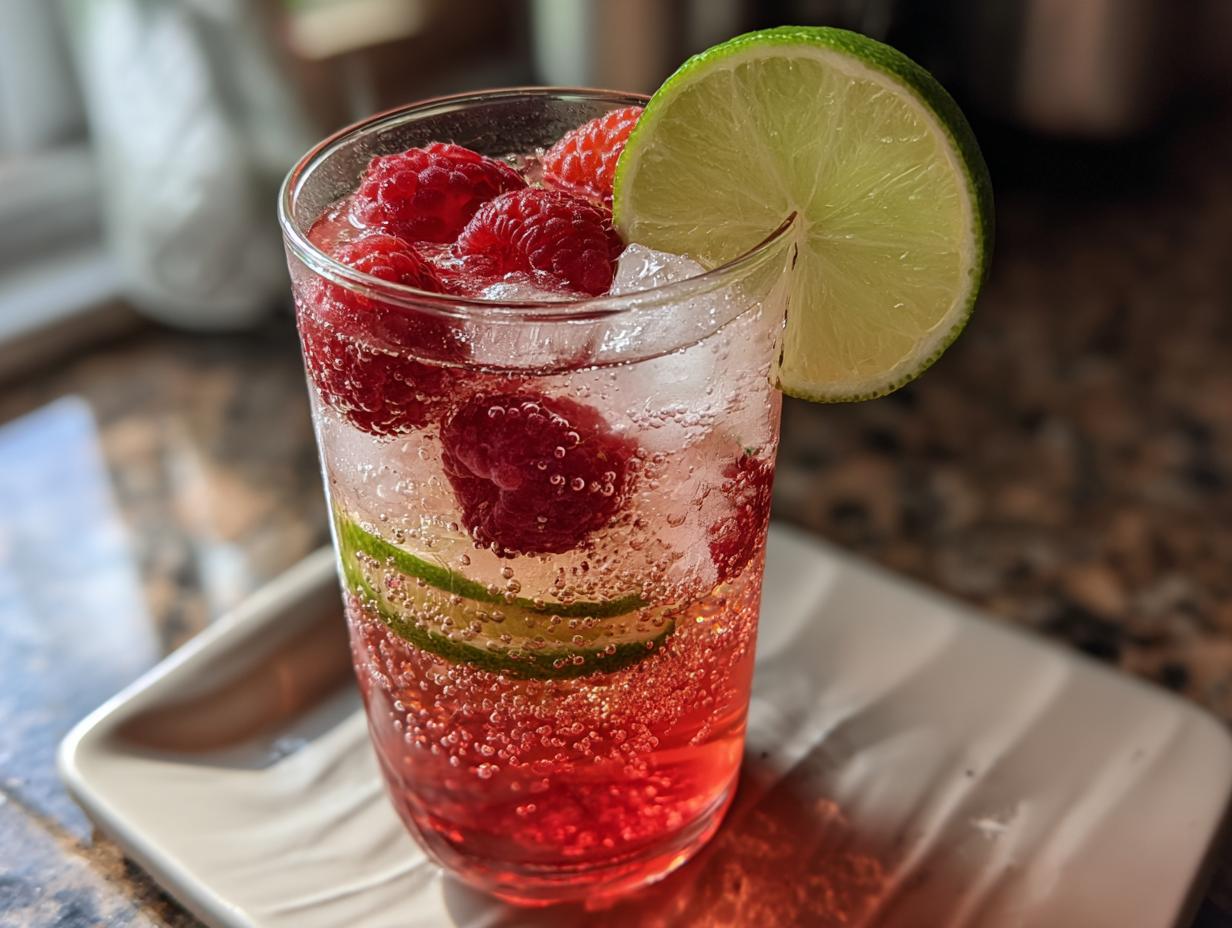 A glass of non alcoholic summer drinks with raspberries, lime slices, and ice, garnished with a lime wedge.