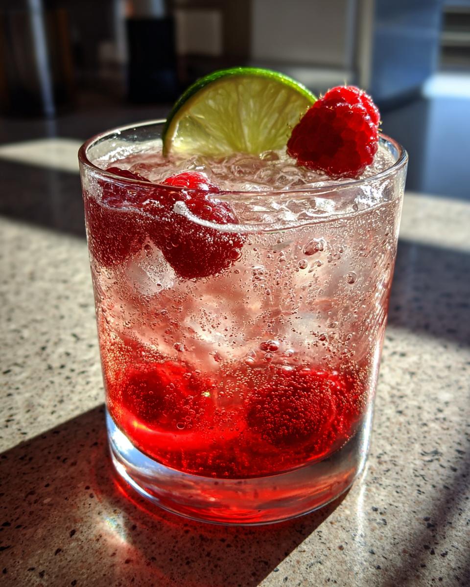 Refreshing raspberry lime soda drinks recipe with fresh raspberries, lime slice, and sparkling soda.