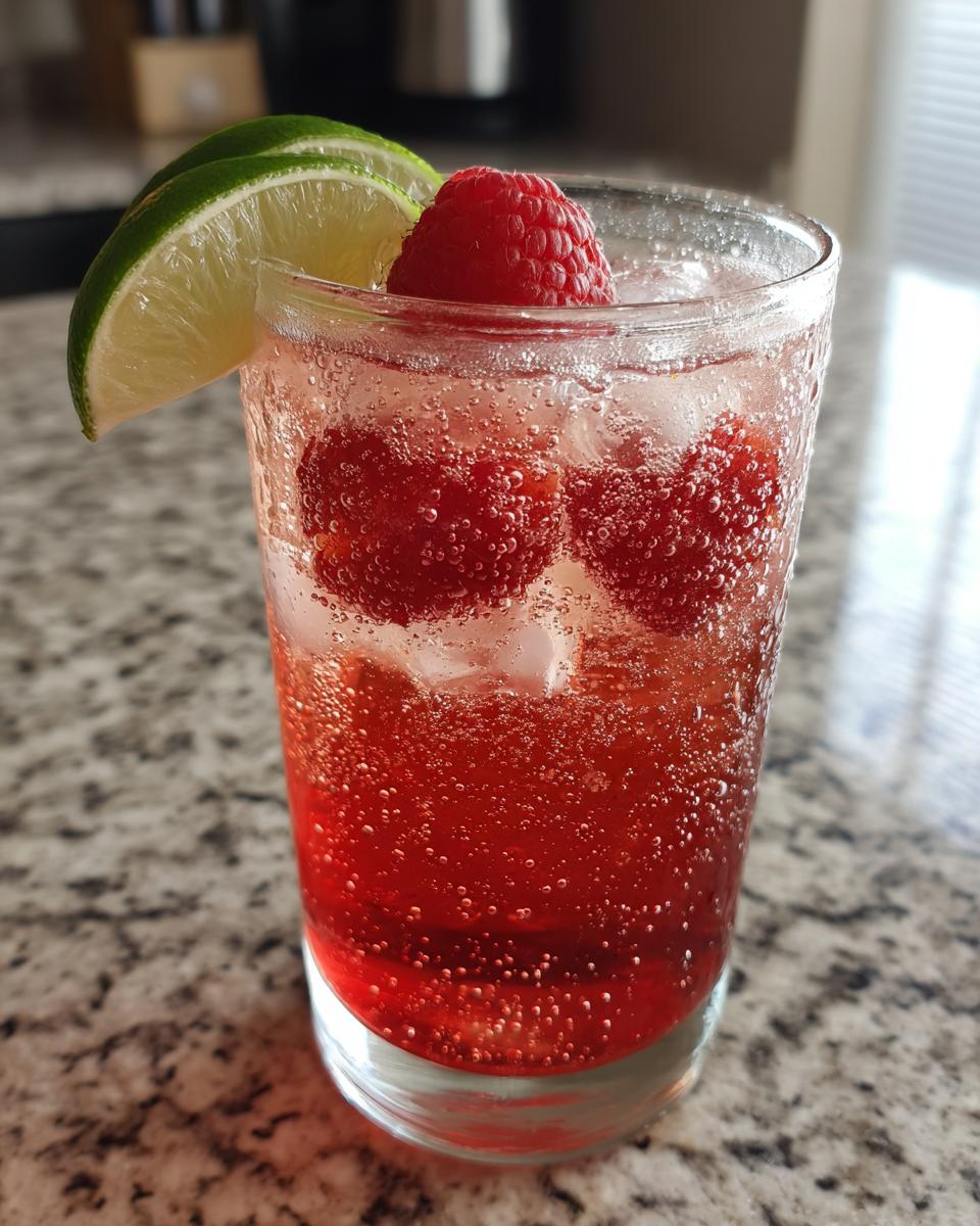 Refreshing raspberry lime soda drinks recipe with fresh raspberries, lime wedge, and sparkling soda.