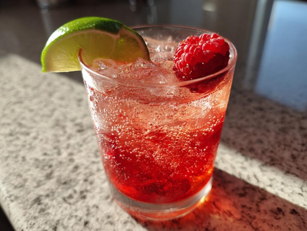 Refreshing raspberry lime soda drinks recipe with a lime wedge and fresh raspberry garnish.
