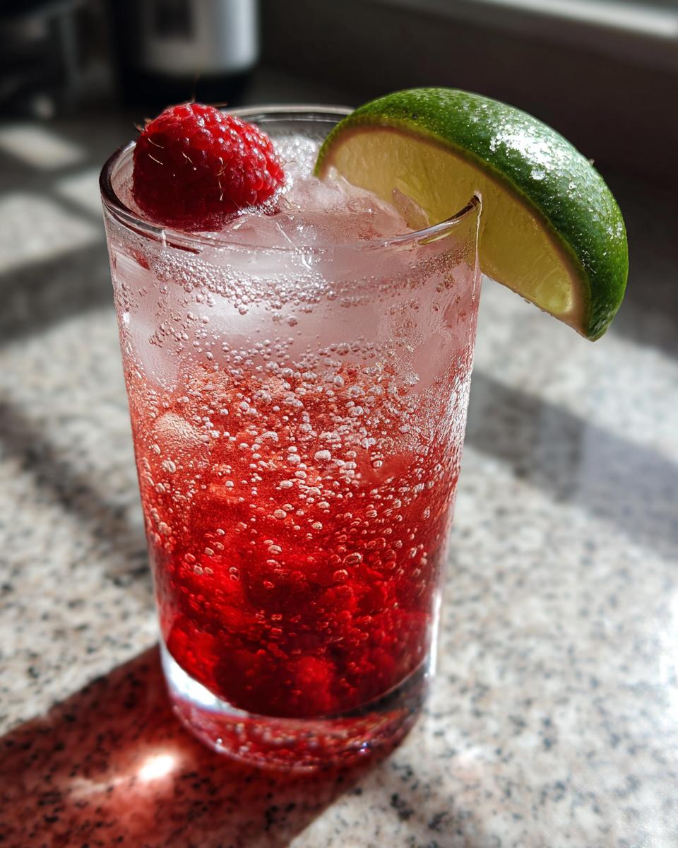 A refreshing raspberry lime soda drink with ice, a fresh raspberry, and a lime wedge. One of our soda drinks recipes.
