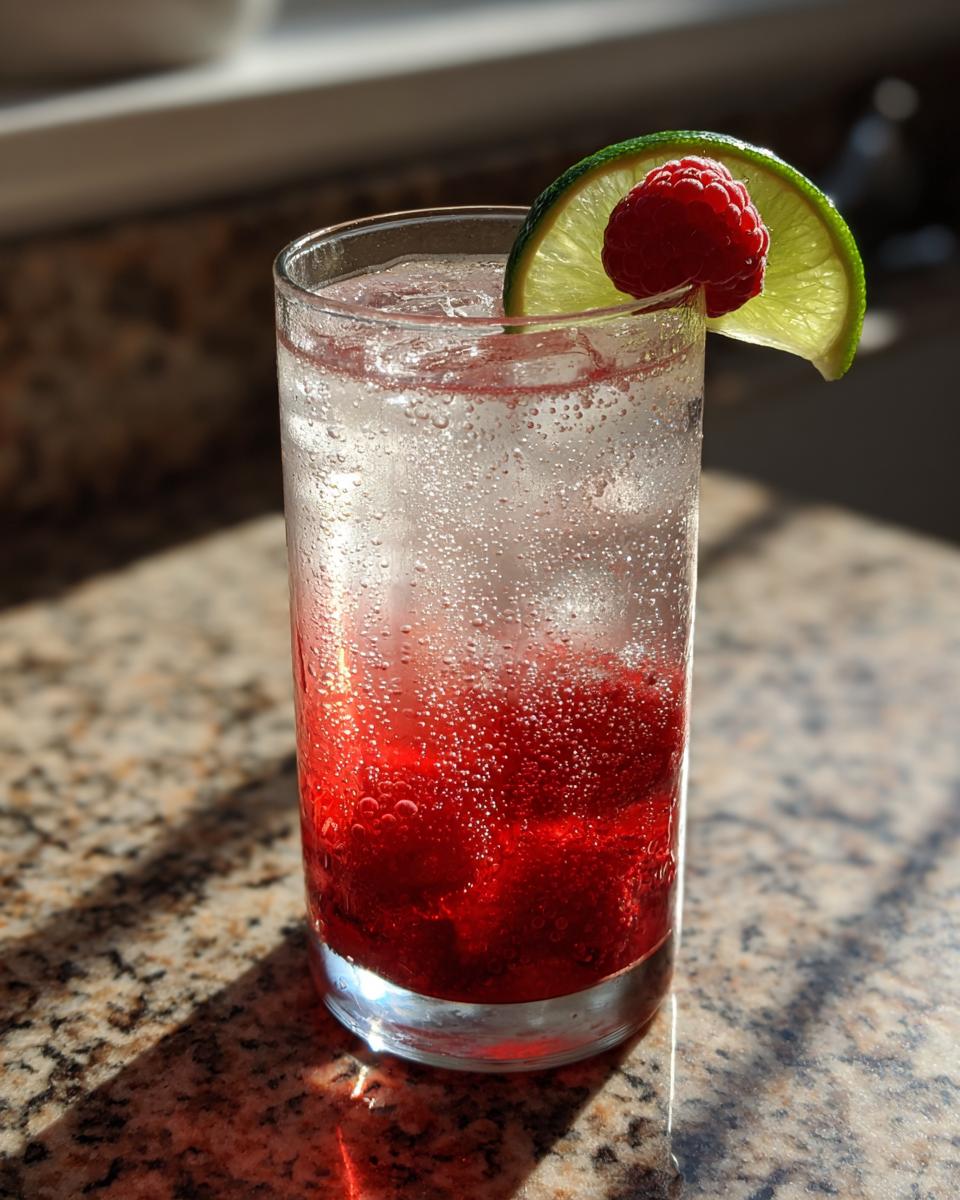 Tall glass of raspberry lime soda drinks recipe, garnished with a lime wedge and fresh raspberry.