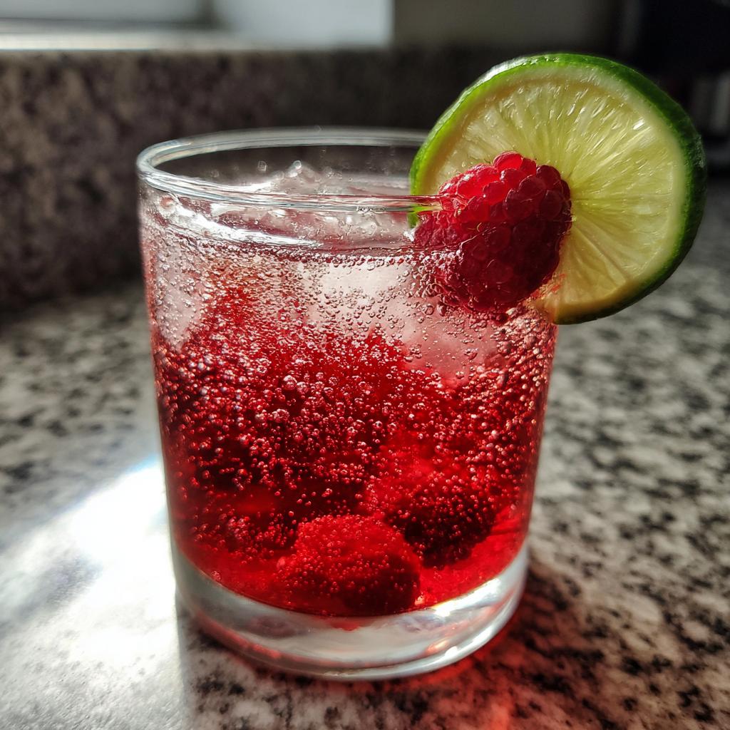 Refreshing raspberry lime soda drinks recipe with fresh raspberries and lime slice.
