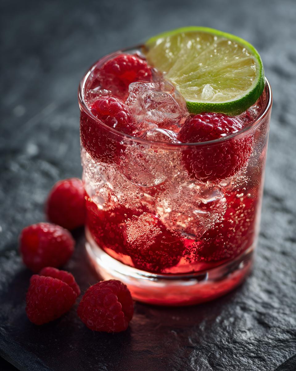 A glass of raspberry non alcoholic summer drink with ice and a lime wedge, garnished with fresh raspberries.