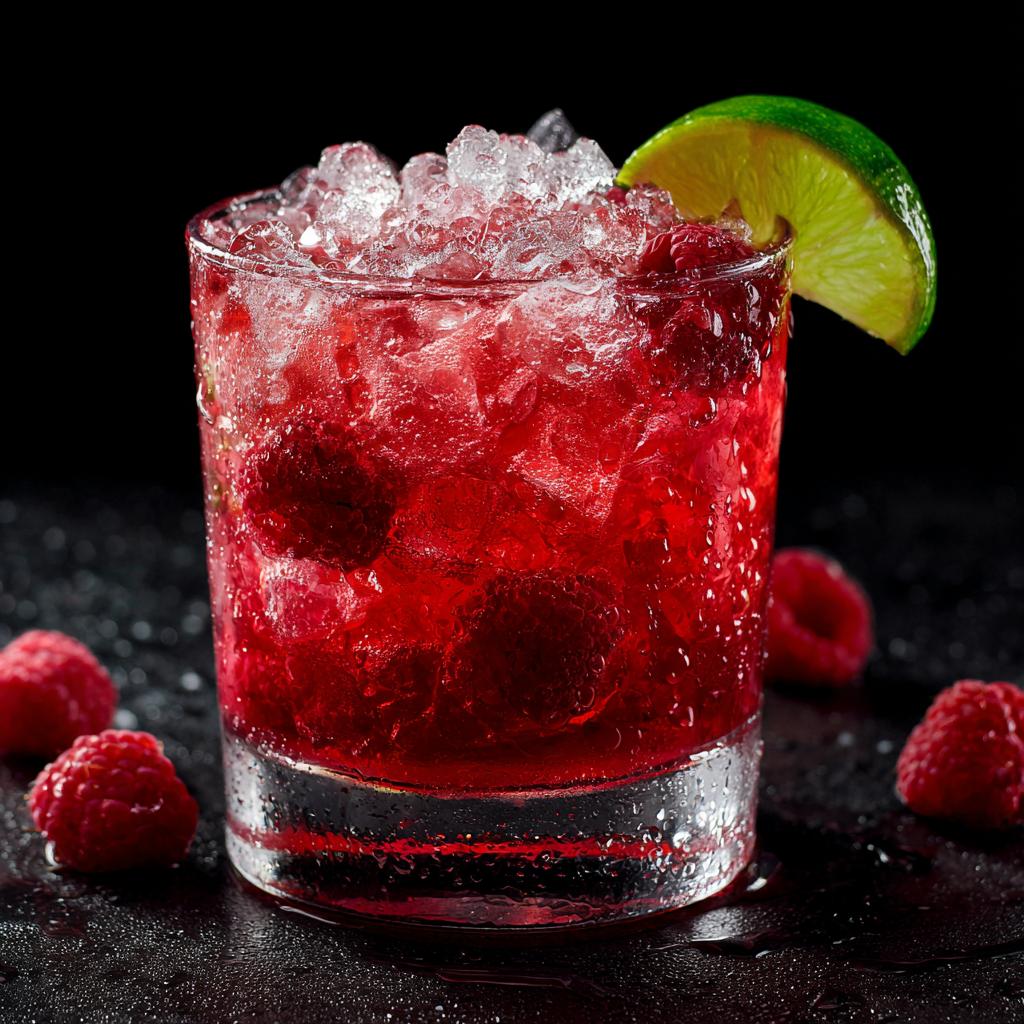 A vibrant red non alcoholic summer drink with raspberries, crushed ice, and a lime wedge.