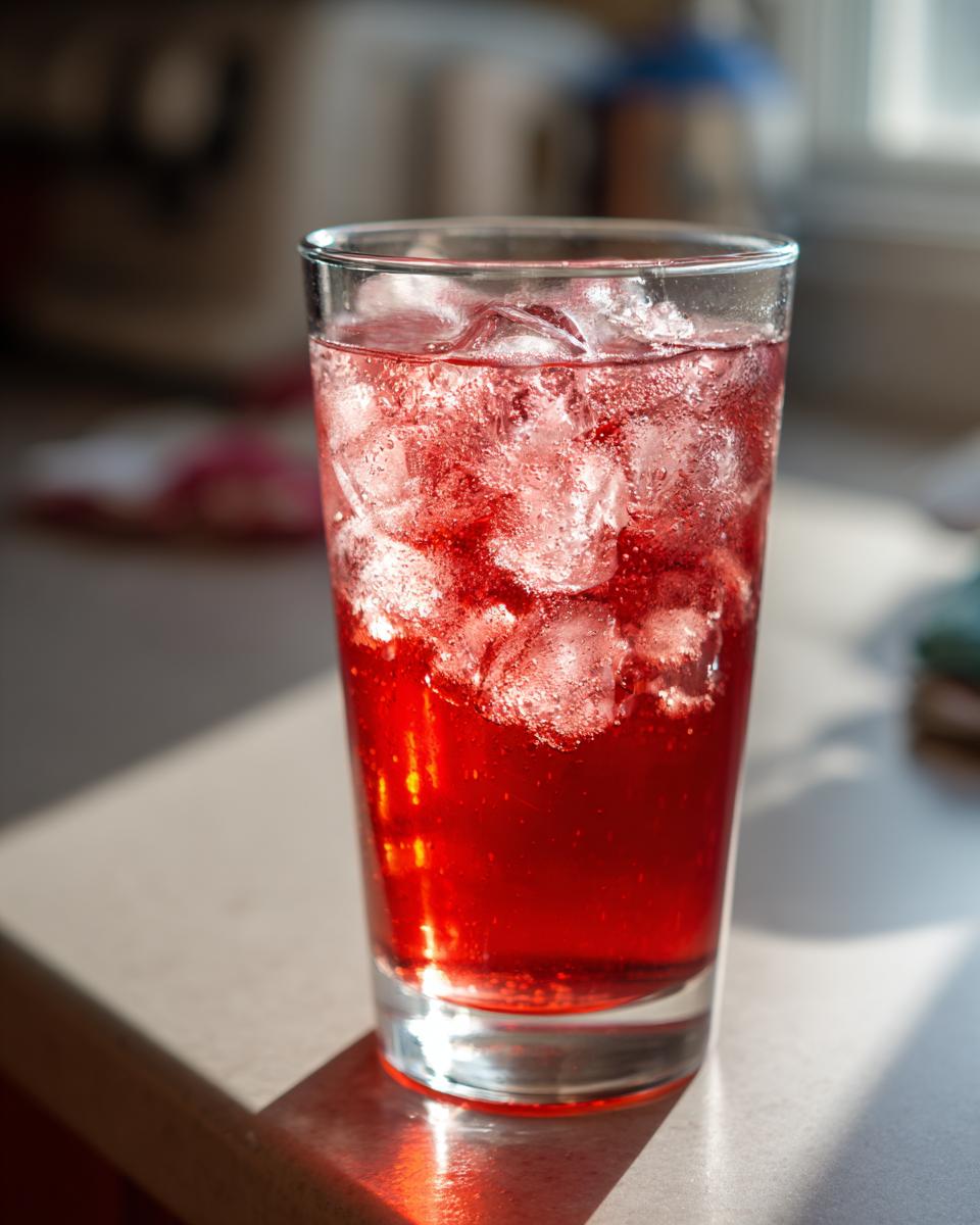 A glass of vibrant red homemade soda filled with ice, ready to drink.