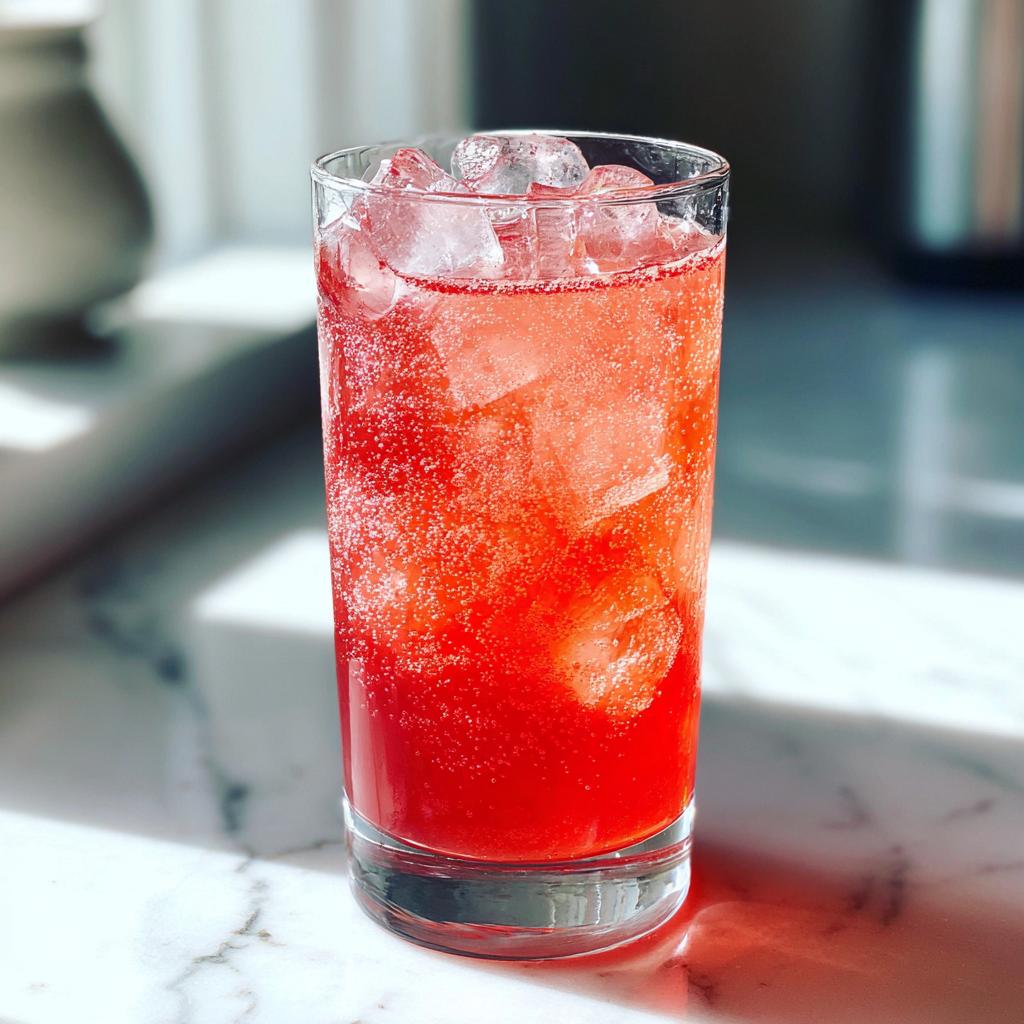 Tall glass of vibrant red homemade soda filled with ice cubes, showcasing its bubbly texture.