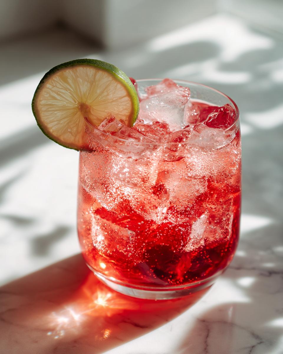 A glass of red homemade soda with ice and a lime slice on a marble surface.