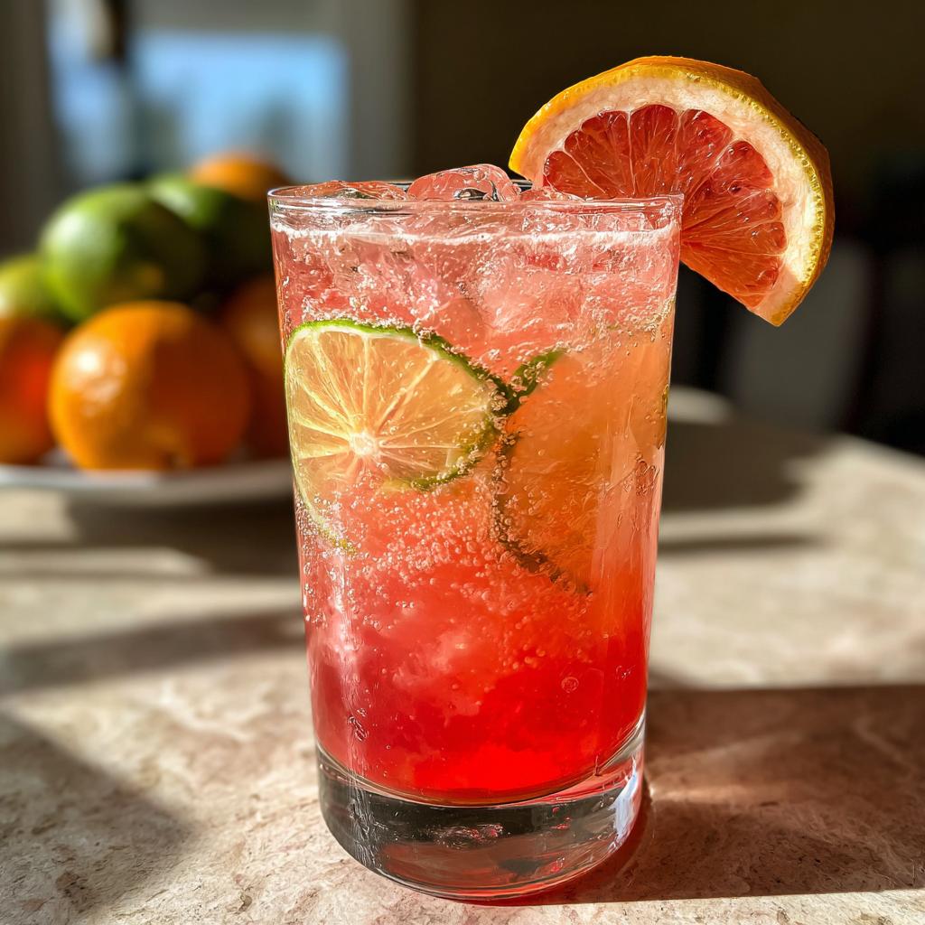 A glass of refreshing fruit soda with grapefruit slice and lime, showcasing its vibrant color and bubbly texture.
