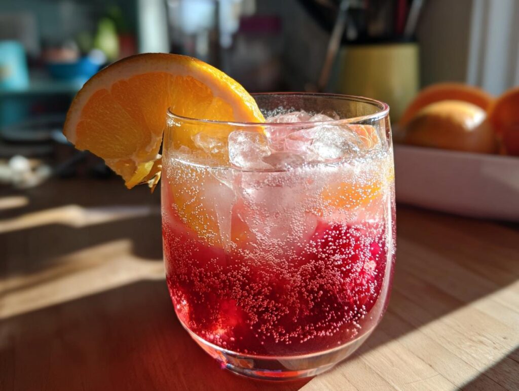 A glass of vibrant fruit soda with ice and an orange slice garnish, ready to enjoy.