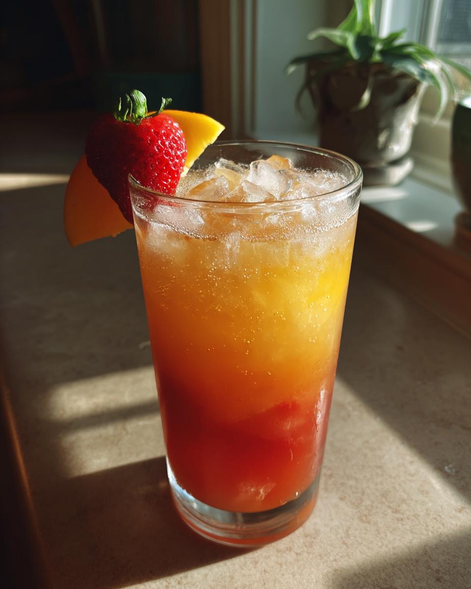 A glass of vibrant fruit soda with ice, garnished with a strawberry and orange slice.