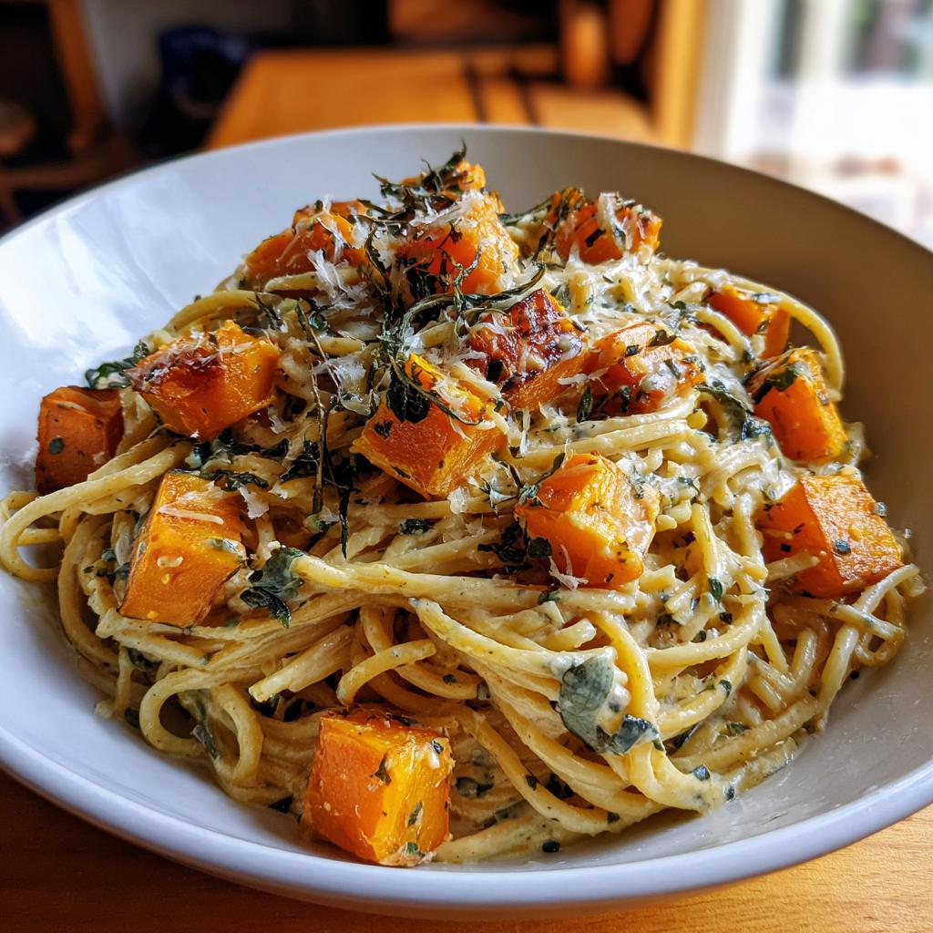 A bowl of Roasted Butternut Squash Sage Pasta, topped with herbs and parmesan cheese.