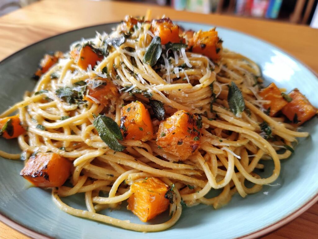 A plate of Roasted Butternut Squash Sage Pasta, garnished with fresh sage and parmesan cheese.