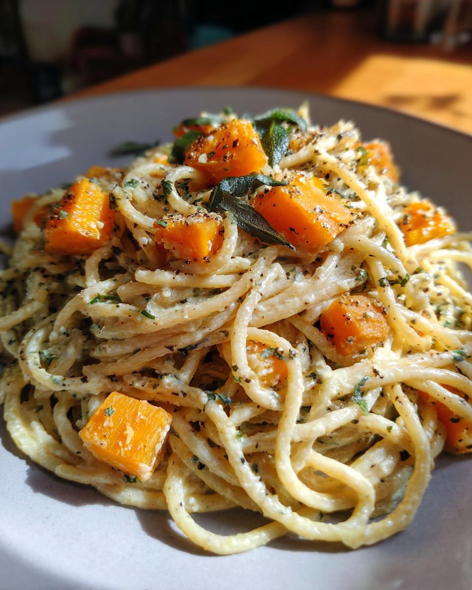 A plate of Roasted Butternut Squash Sage Pasta, featuring creamy sauce, diced squash, and fresh sage leaves.