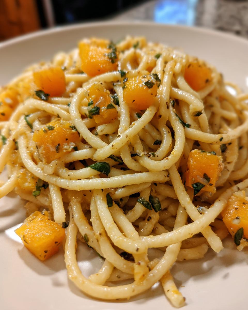 Close-up of Roasted Butternut Squash Sage Pasta on a white plate, featuring pasta, squash cubes, and sage.