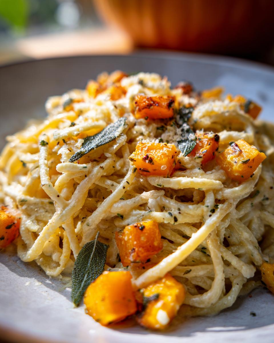Close-up of Roasted Butternut Squash Sage Pasta on a plate, garnished with sage leaves and parmesan.