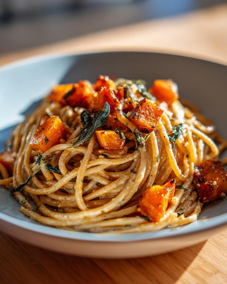 Bowl of Roasted Butternut Squash Sage Pasta with visible sage leaves and roasted squash.