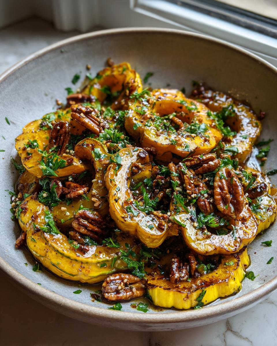 A bowl of roasted delicata squash salad with pecans and herbs, glistening with a flavorful dressing.