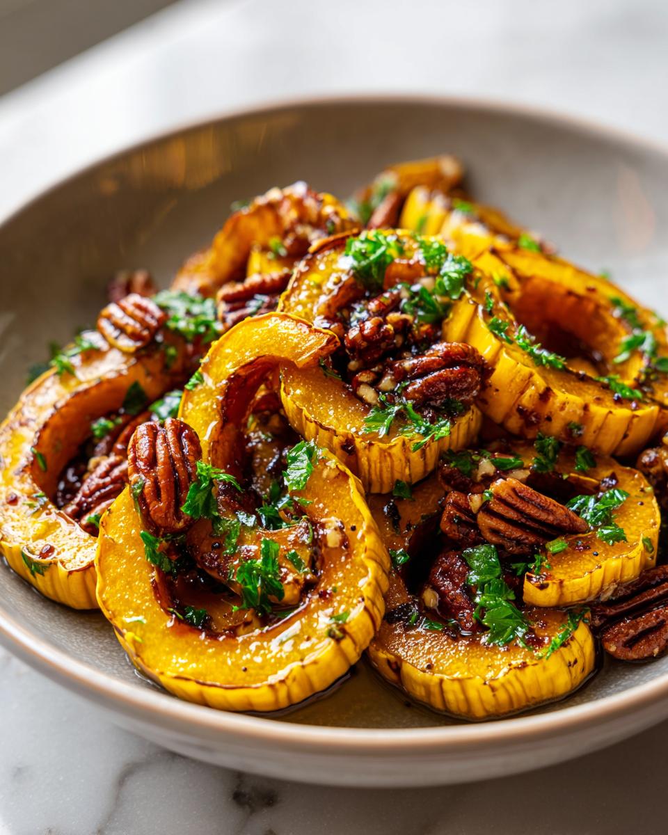 Close-up of roasted delicata squash salad with pecans and parsley in a gray bowl.