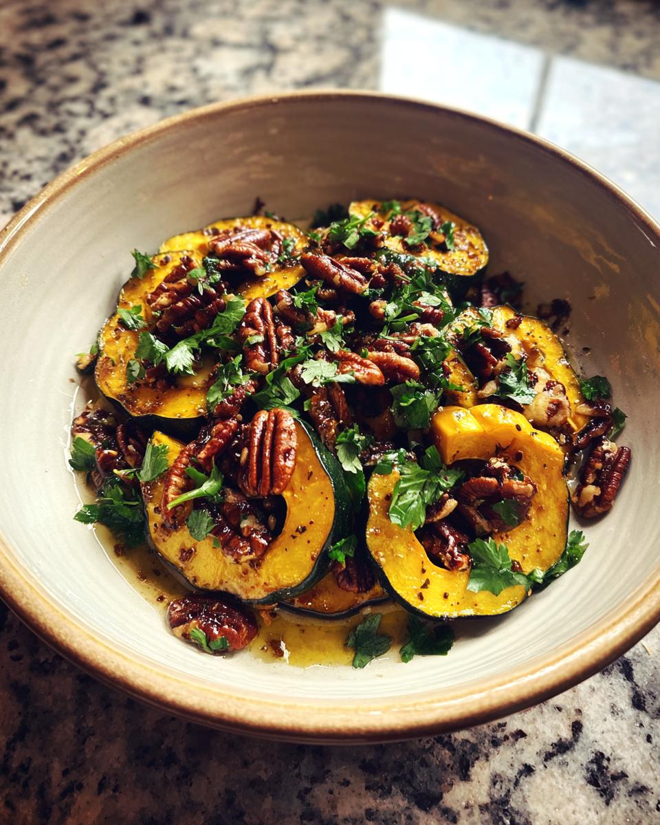 Bowl of roasted delicata squash salad with pecans and fresh parsley garnish. 