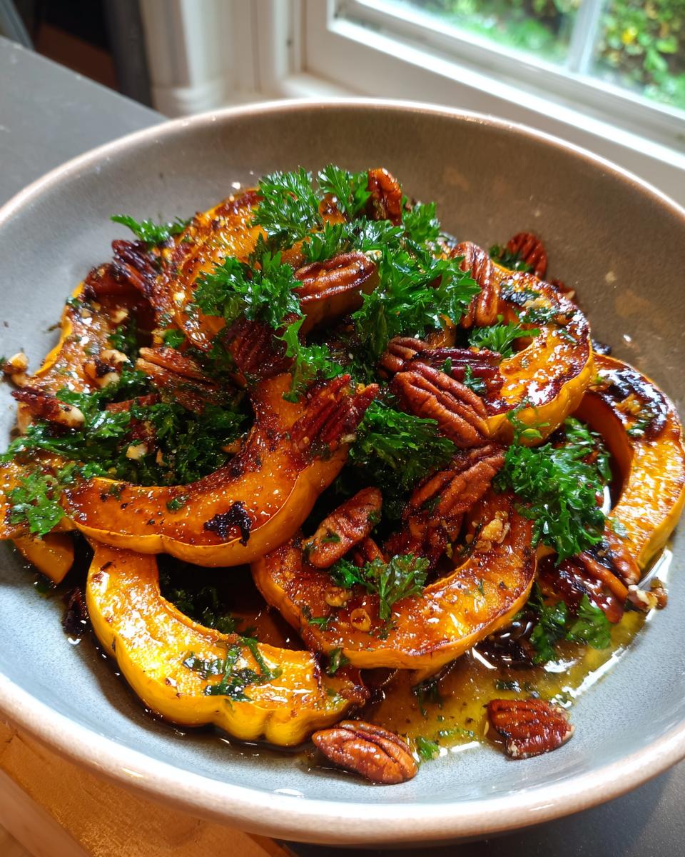 A bowl of roasted delicata squash salad with pecans and parsley, glistening with dressing.