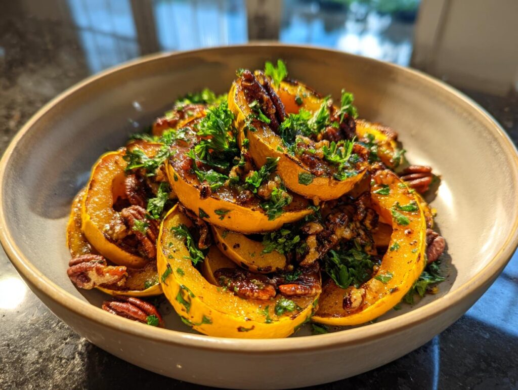 Close-up of a bowl filled with roasted delicata squash salad, pecans, and fresh herbs.