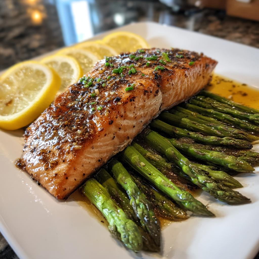 Delicious salmon fillet with asparagus and lemon, a perfect example of Easy Low-Carb Dinners.