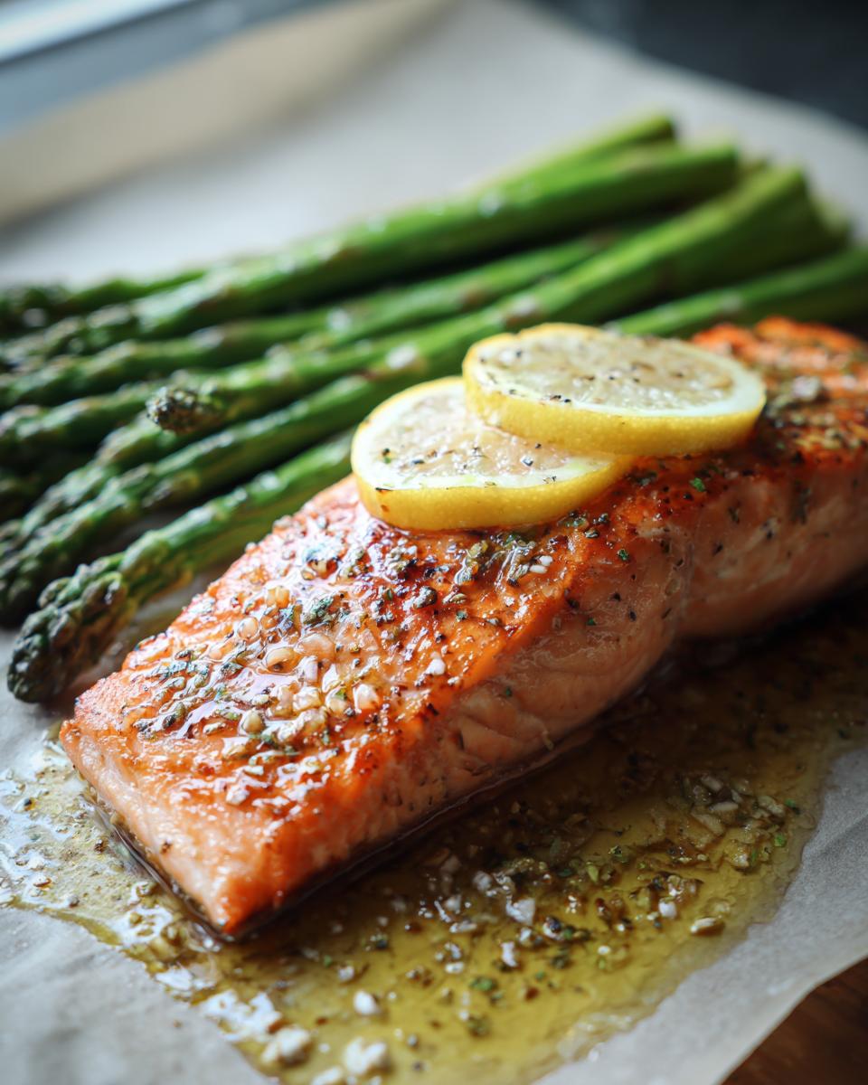 A salmon fillet with asparagus and lemon slices, perfect for Easy Low-Carb Dinners for Weight Loss.