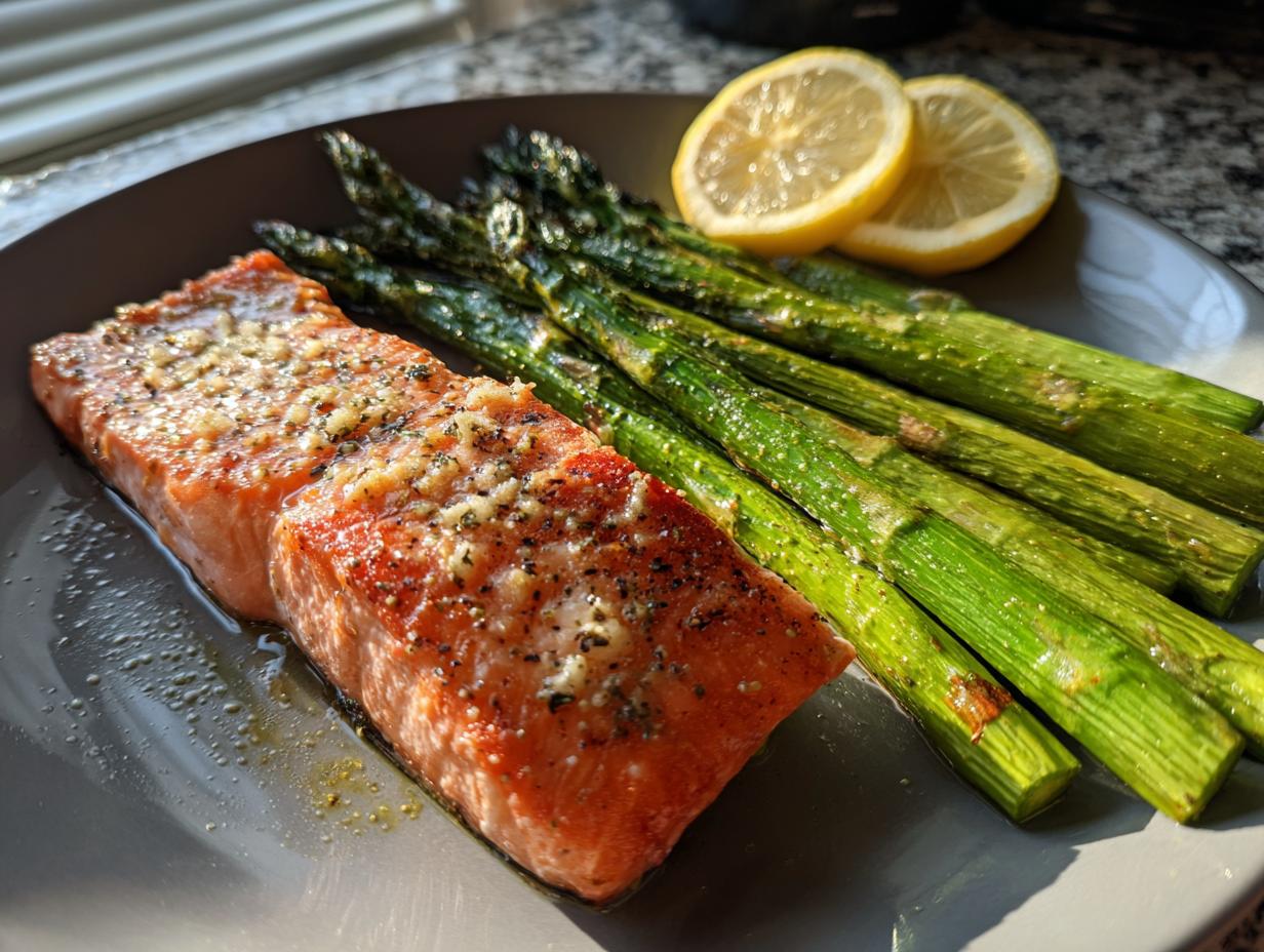 A plate of salmon with asparagus and lemon slices. One of the Easy Low-Carb Dinners for Weight Loss.