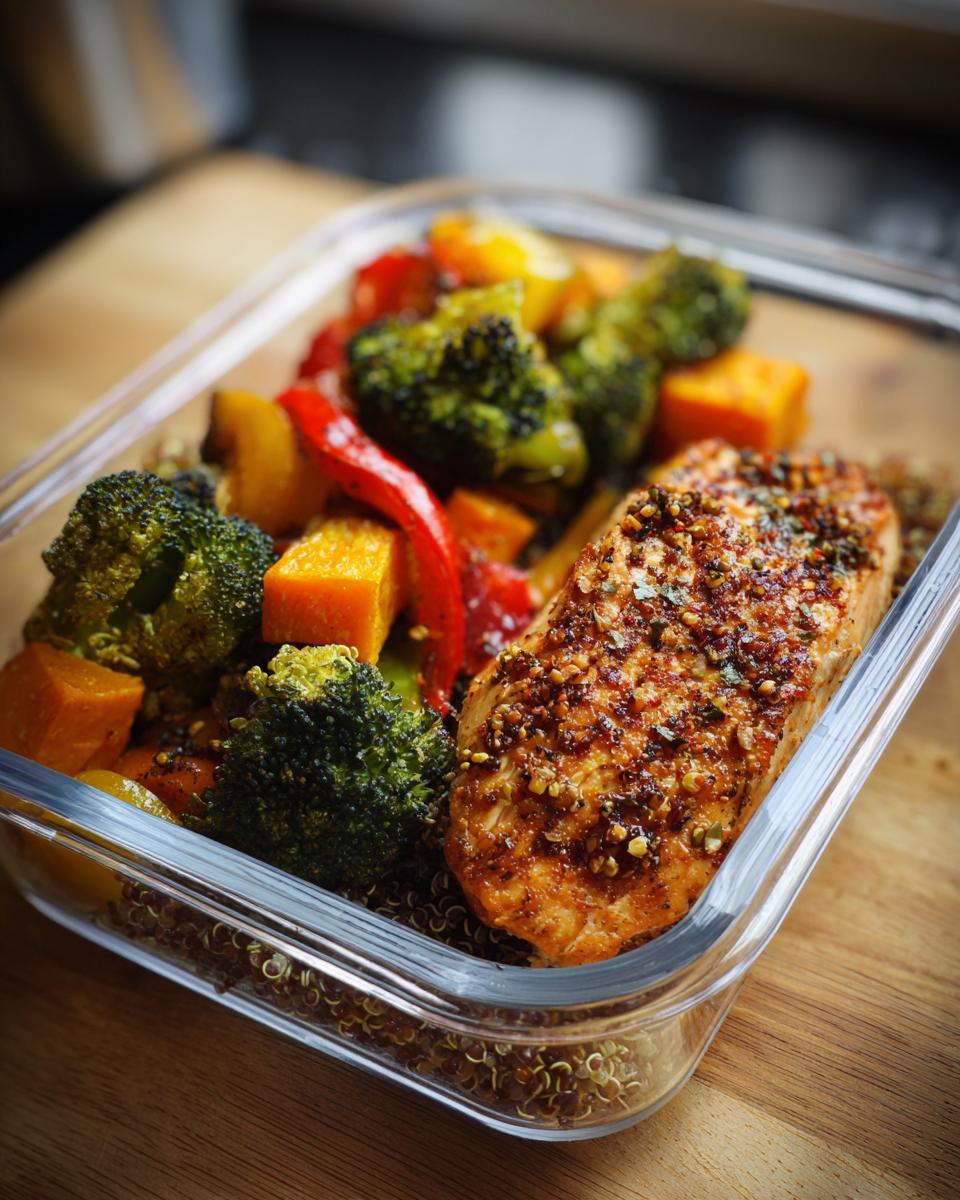 Prepared salmon with roasted vegetables for a simple weight loss meal prep idea. Healthy and delicious!