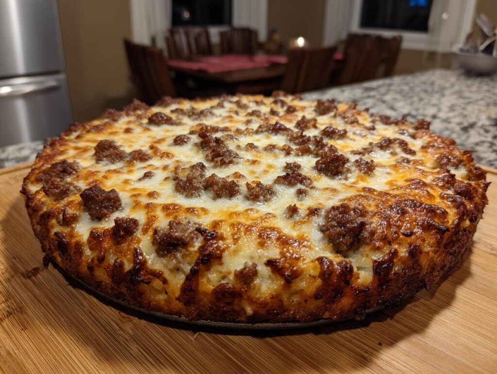 A golden-brown Sausage Alfredo Pizza Bake topped with melted cheese and crumbled sausage, ready to be served.
