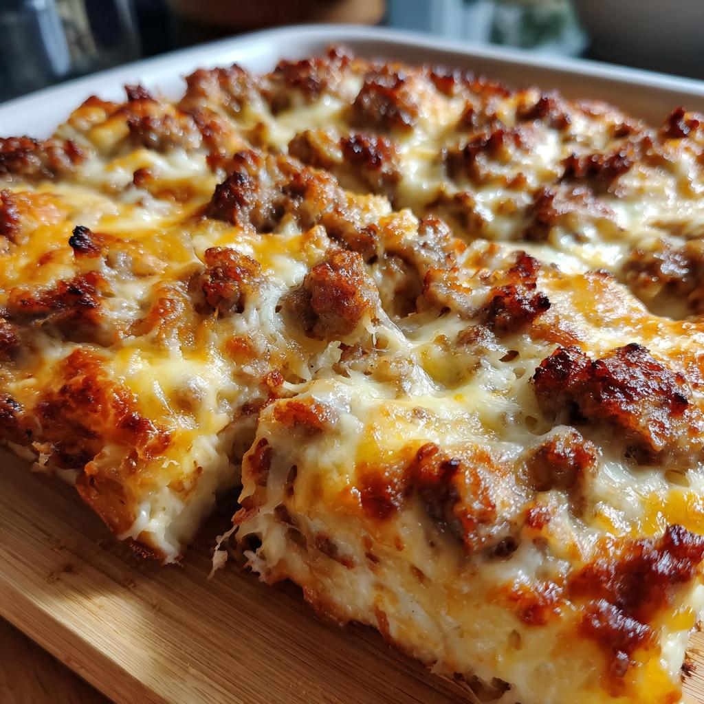 Close-up of a slice of Sausage Alfredo Pizza Bake, showcasing browned sausage and melted cheese.