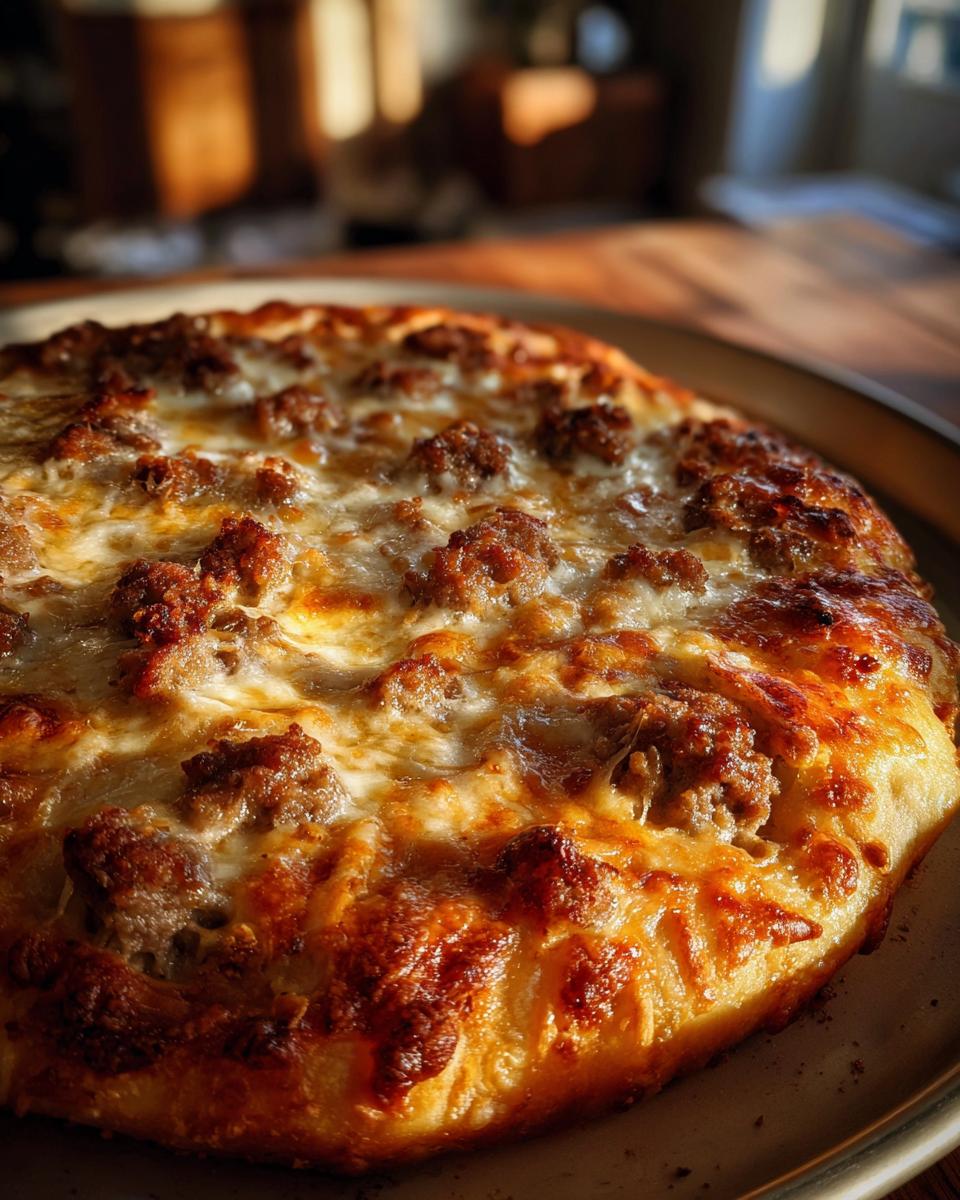 Close-up of a golden brown Sausage Alfredo Pizza Bake, with melted cheese and crumbled sausage.